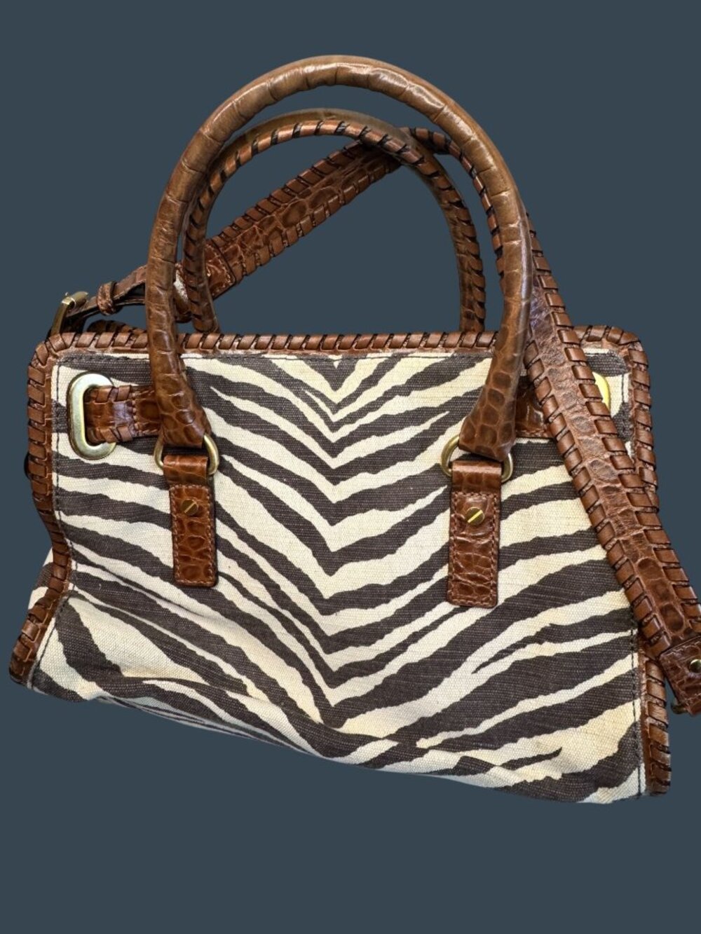 Michael Kors Hamilton Whipped Zebra Canvas Satchel Brown Leather Shoulder Bag - Picture 4 of 13